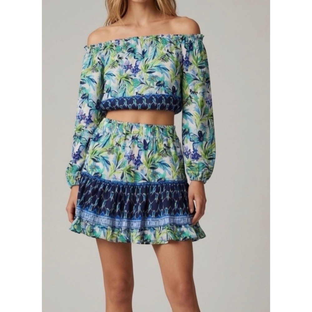 Lilly Pulitzer Tiered Mini Skirt Blue Green Tropical Parrot Floral Large - Picture 2 of 9